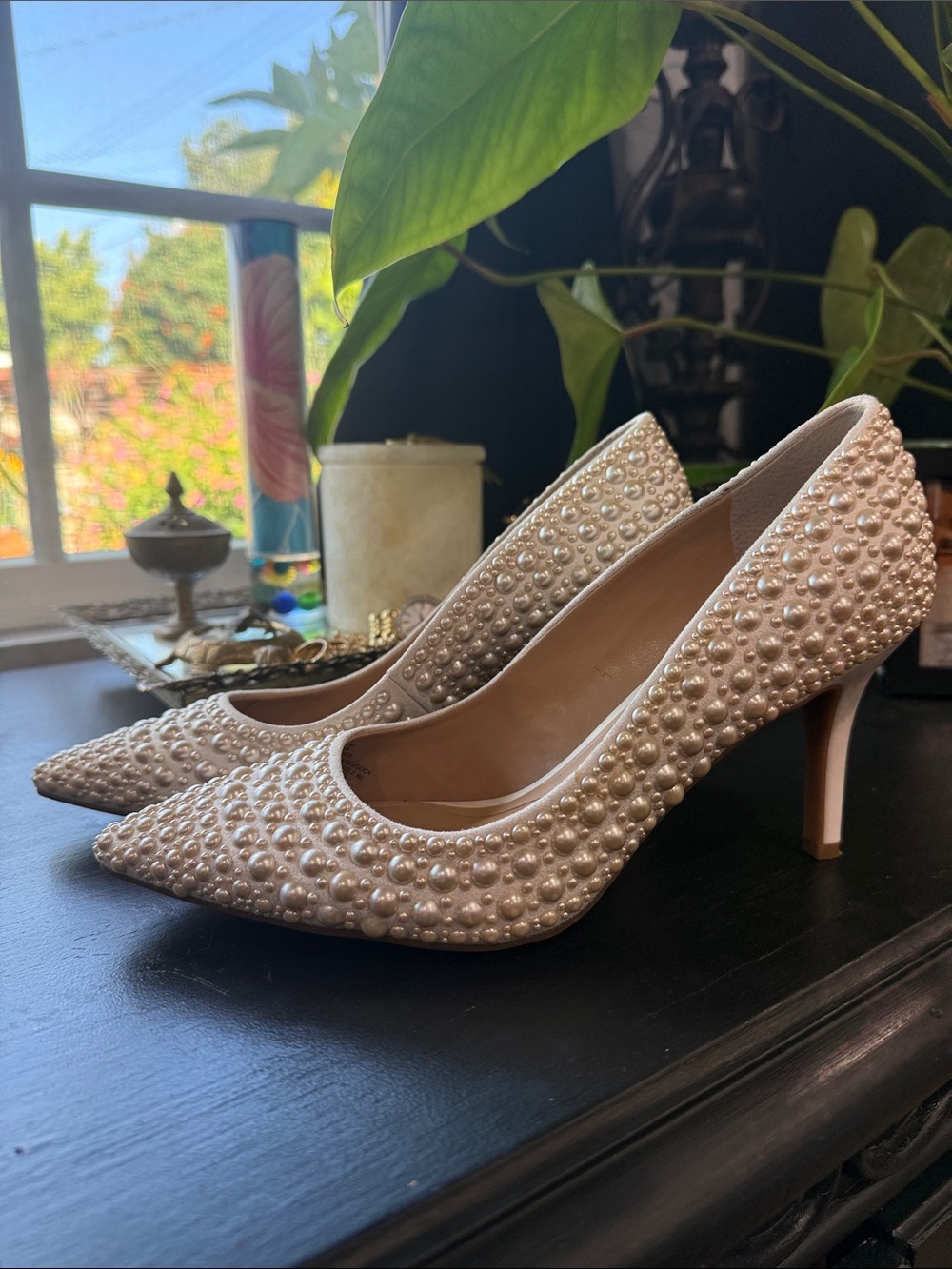 Pearl-Embellished Pointed Toe Heels in Ivory